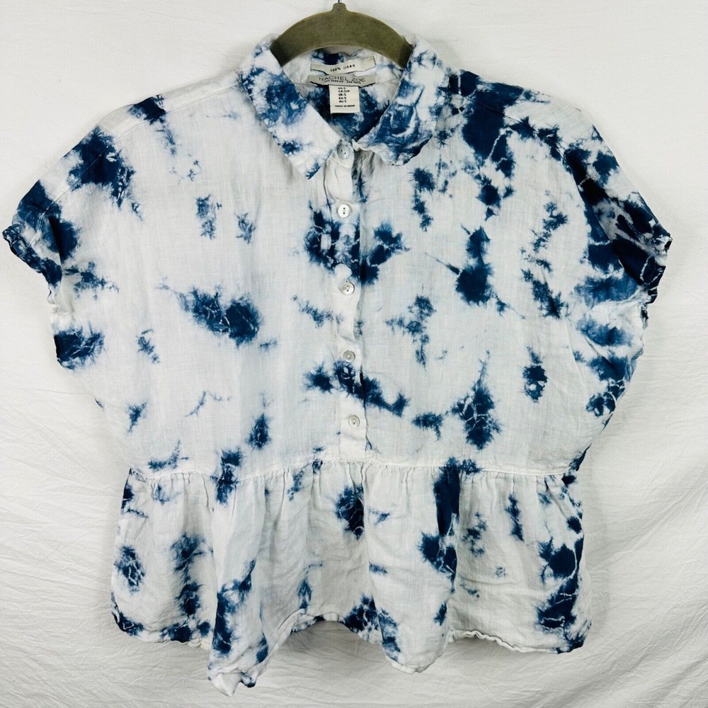 Rachel Zoe 100% Linen Blouse Top Tie Dye Blue White Small Cropped Short Sleeves